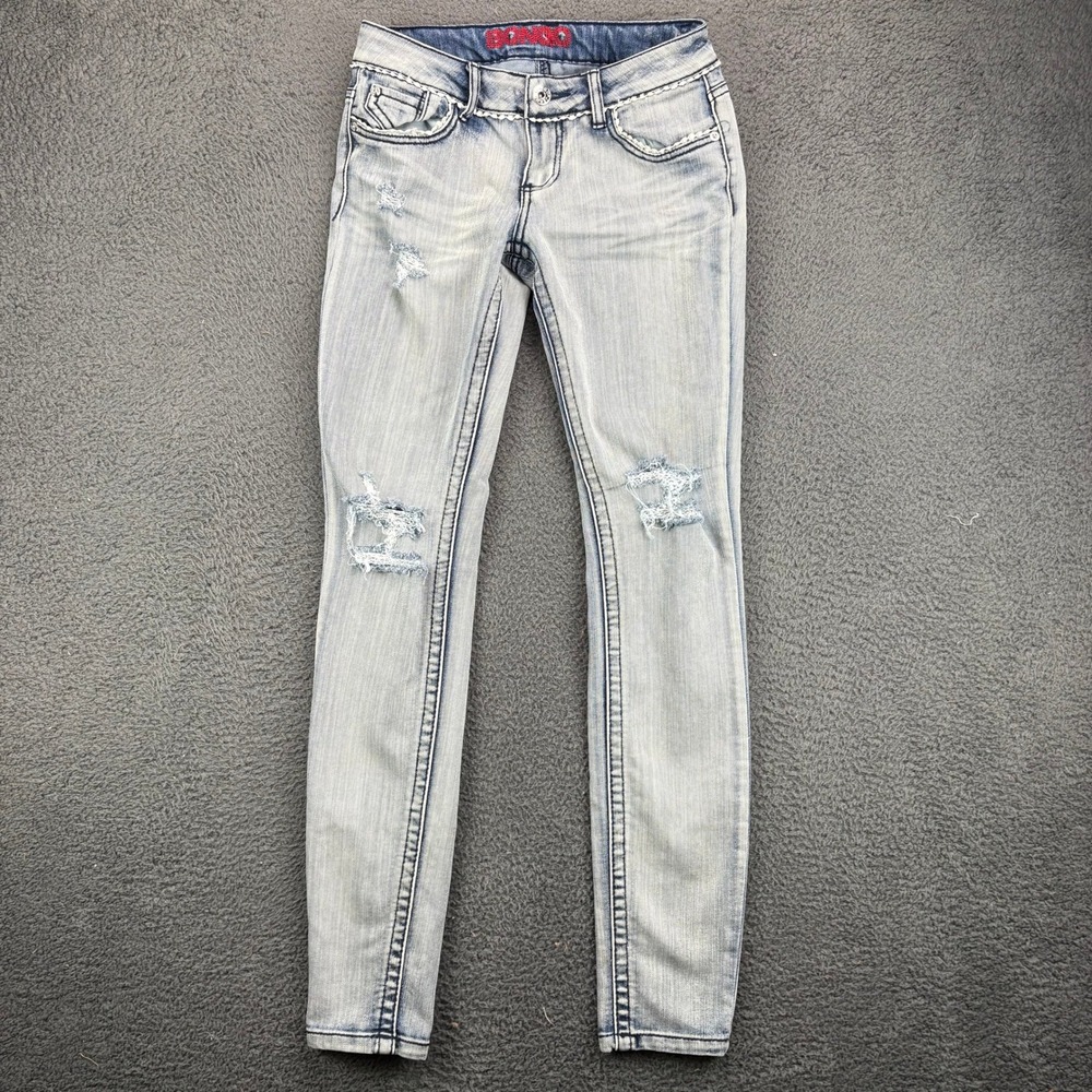 Bongo Womens Low Rise Skinny Jeans Light Wash Distressed Blue Size 5 Y2K Denim